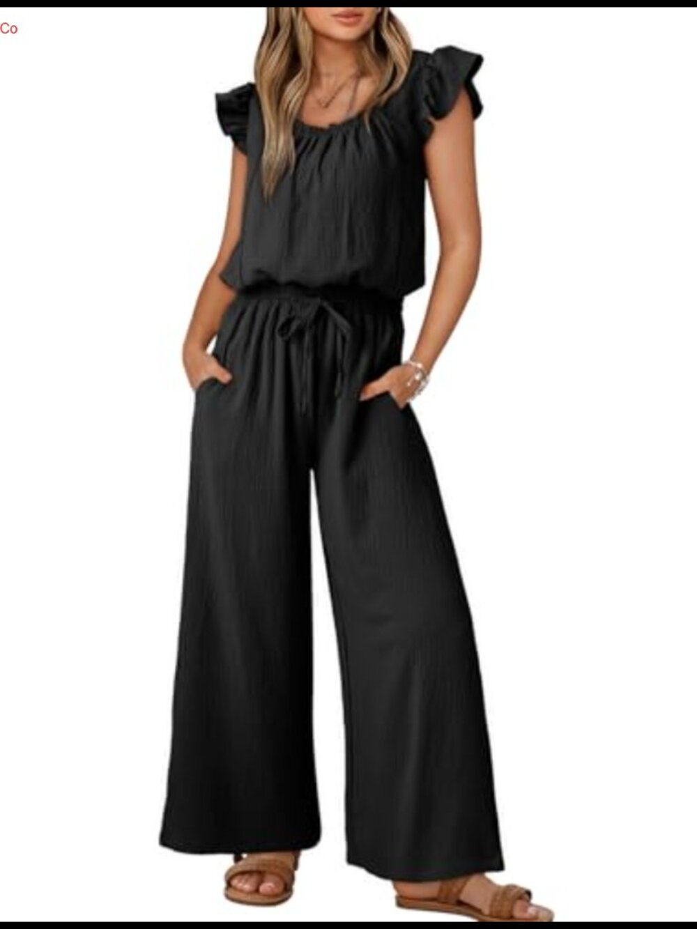 Dokotoo Women's Ruffle Sleeve Square Neck Jumpsuit with Pockets Drawstring Waist